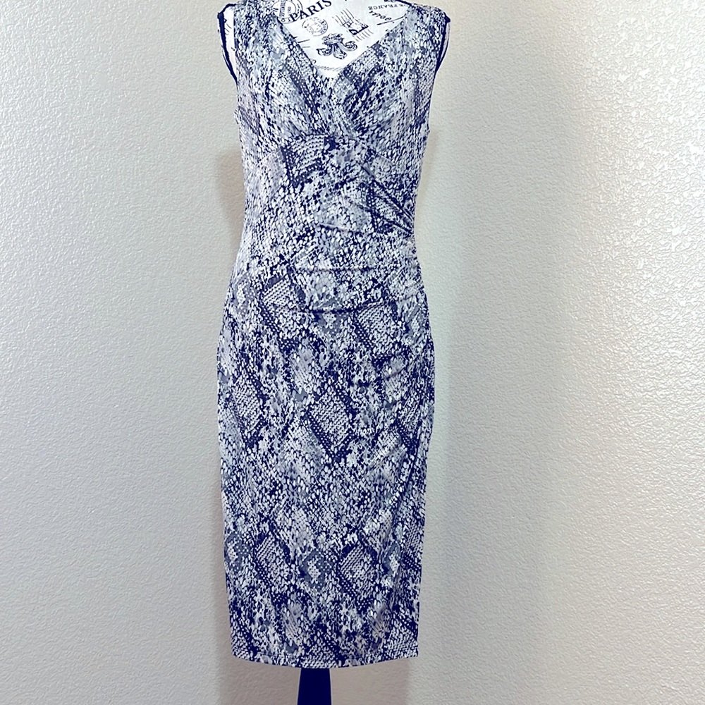 Ralph Lauren Grey Black Snake Print V-Neck Draped Midi Hourglass Dress